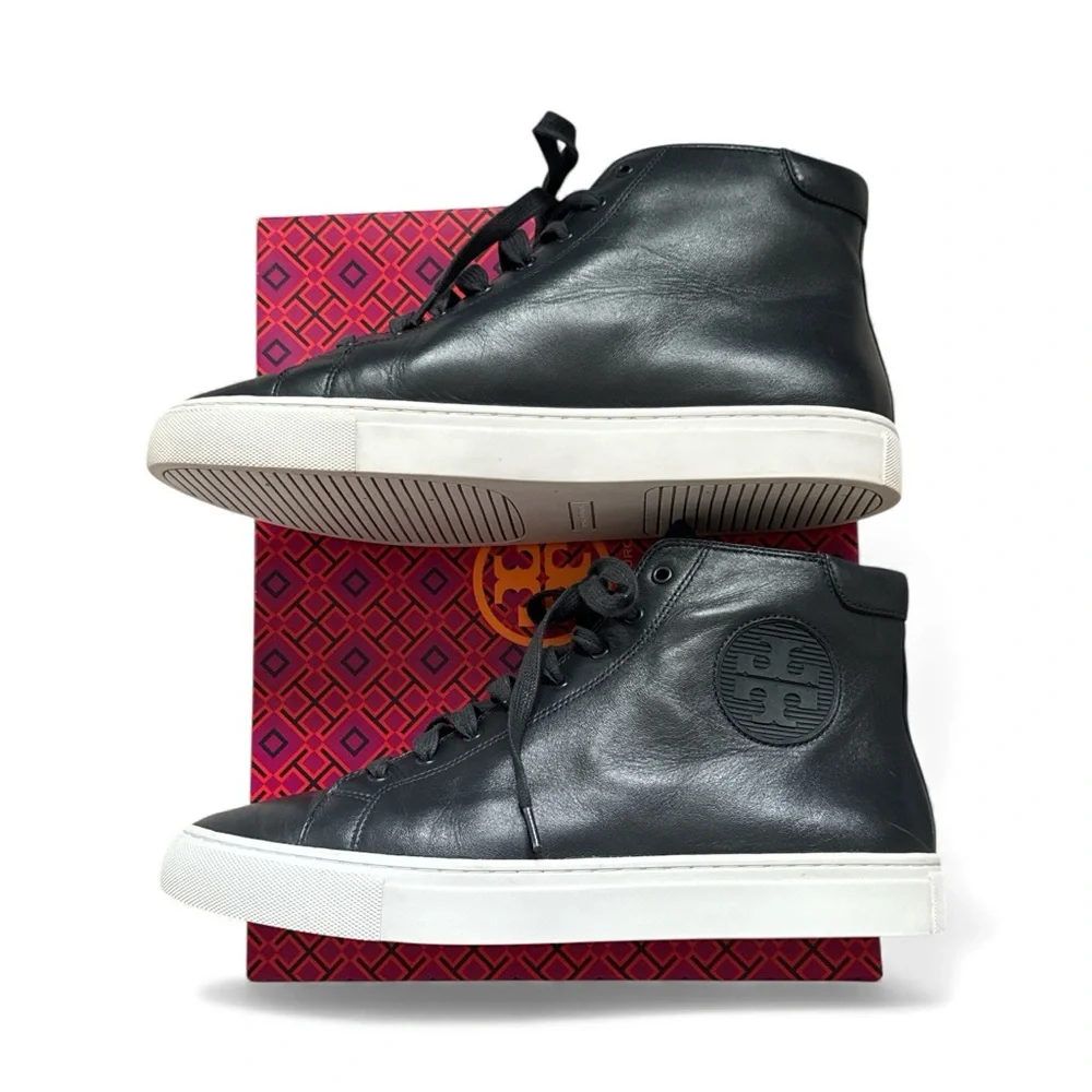 Tory Burch Navy High-Top Nola leather Sneakers Lace up white soles Sz‎ 10